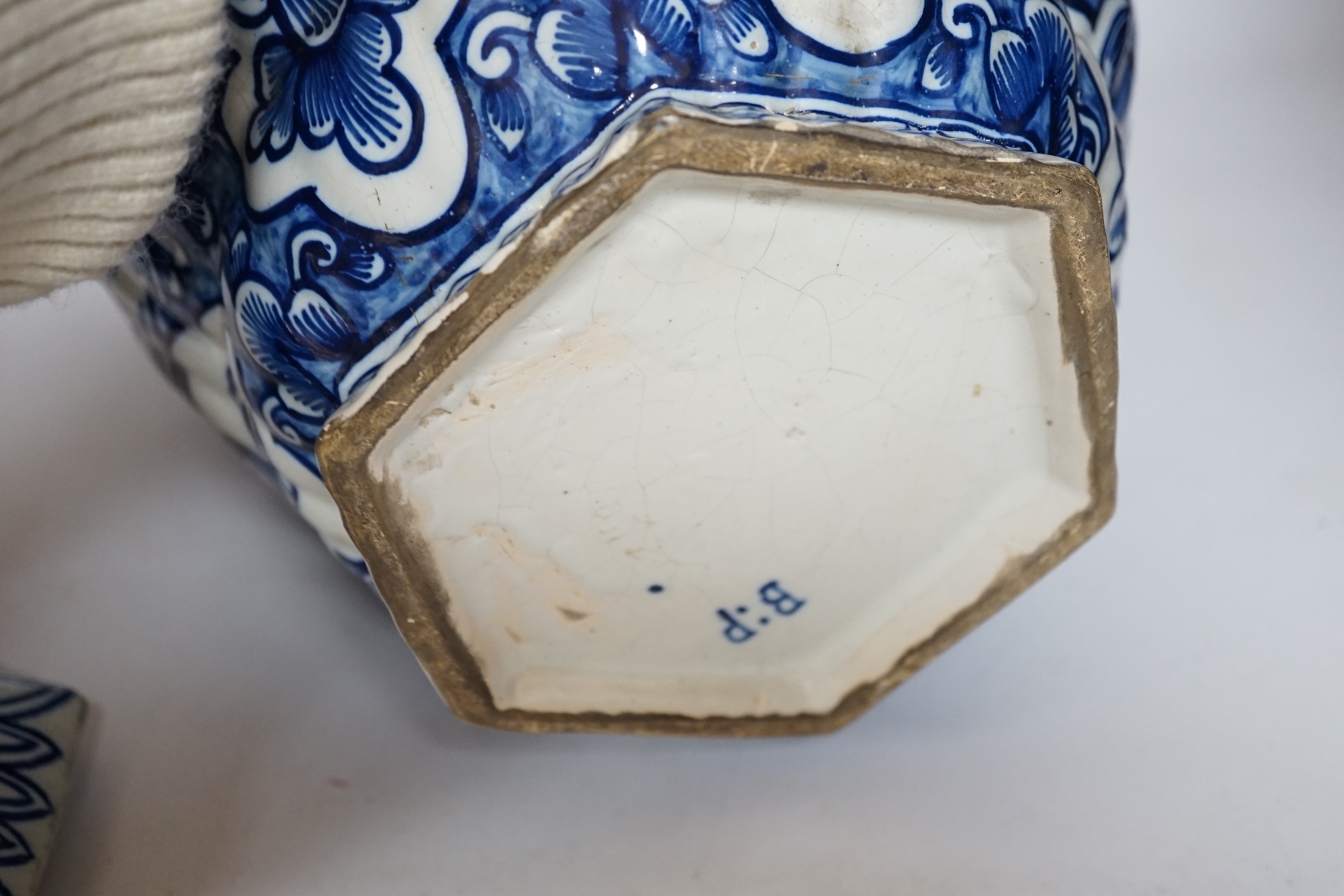 A Delft blue and white jar and cover, in the Chinese style possibly 19th century, marked BP to base, 59cm